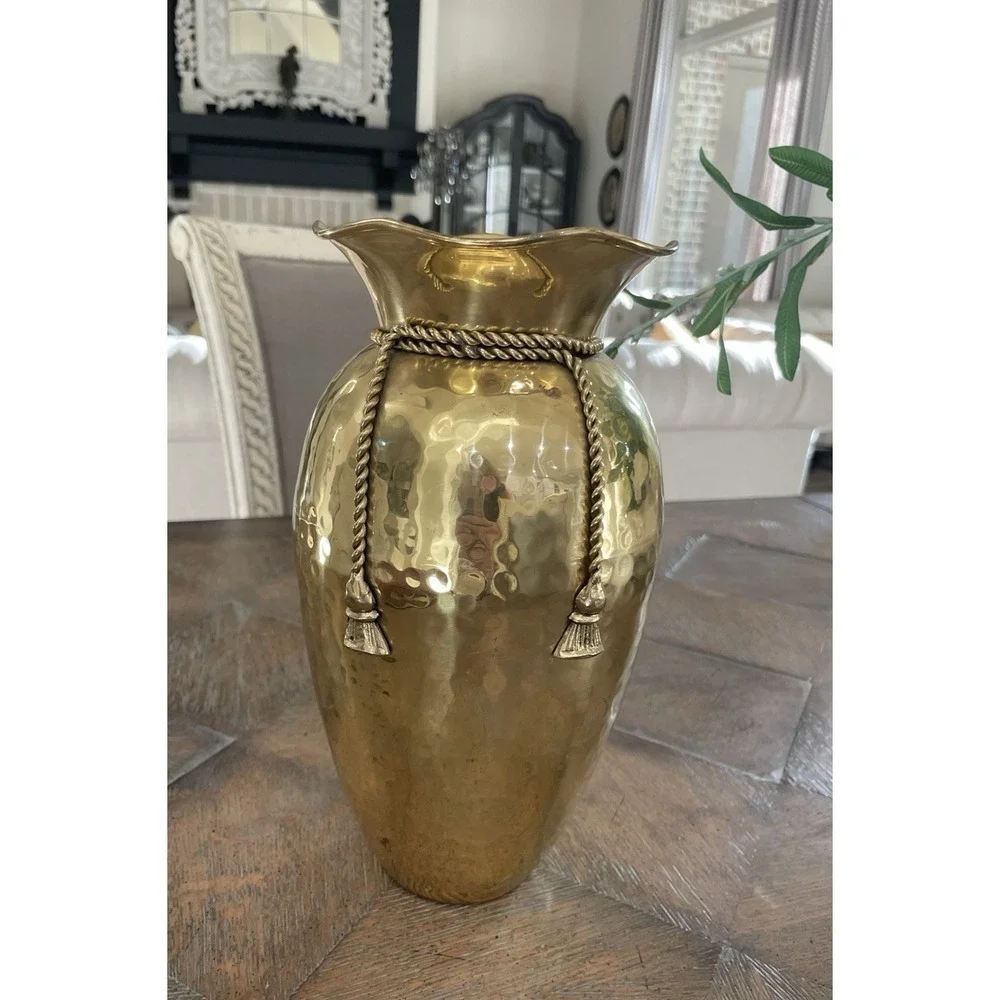 Vtg Hammered Brass Planter Urn Vase  Rope Tassel Design 10.25